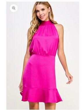 NWT 2 Hearts Magenta Fushia Pink Halter Ruffle Hem Mini Dress - Size Medium